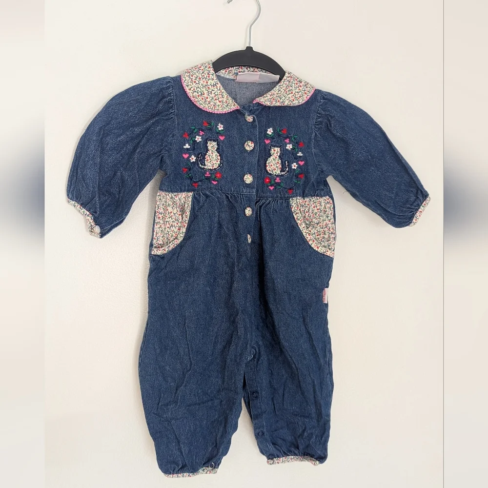 🌸Vintage‎ Hush Puppies Denim Floral Embroidered Cat One Piece Outfit Size 18 Mo